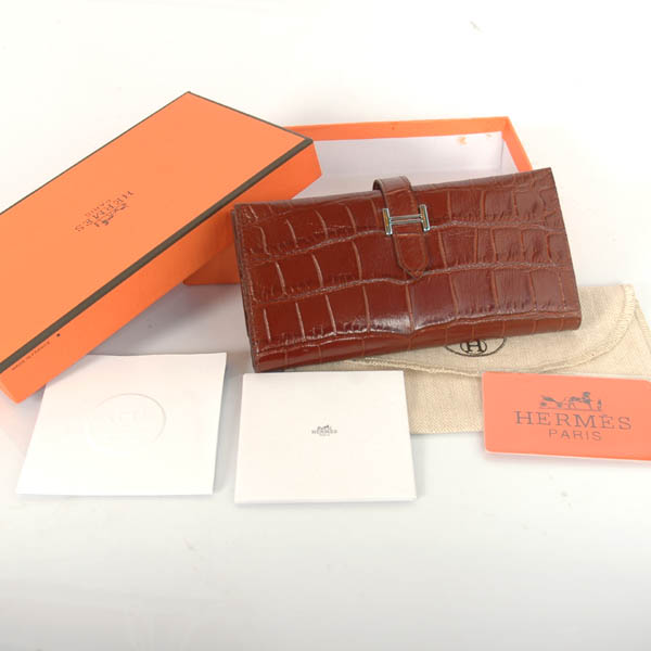 Hermes 3 fold wallet Crocodile stripes leather in Coffee