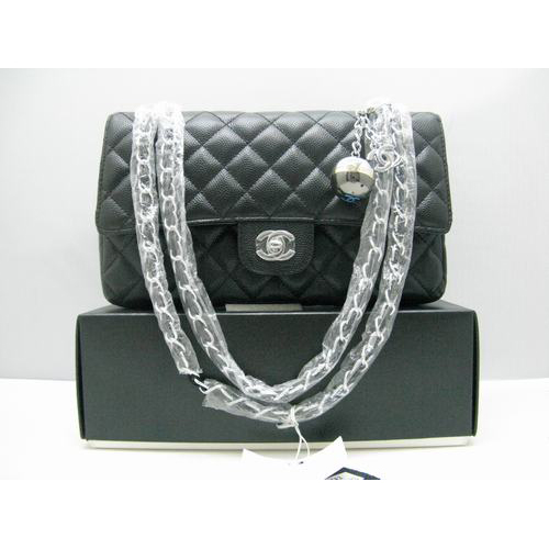 Chanel Caviar leather Black Flap bag with Silver chain