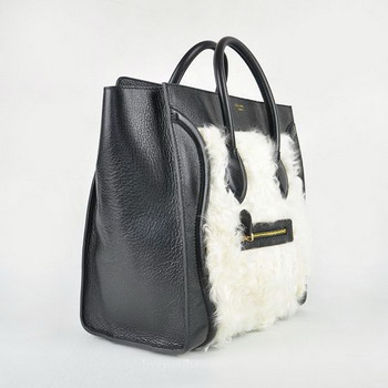 Celine Leather Handbag 98170 Black with Rabbit hair