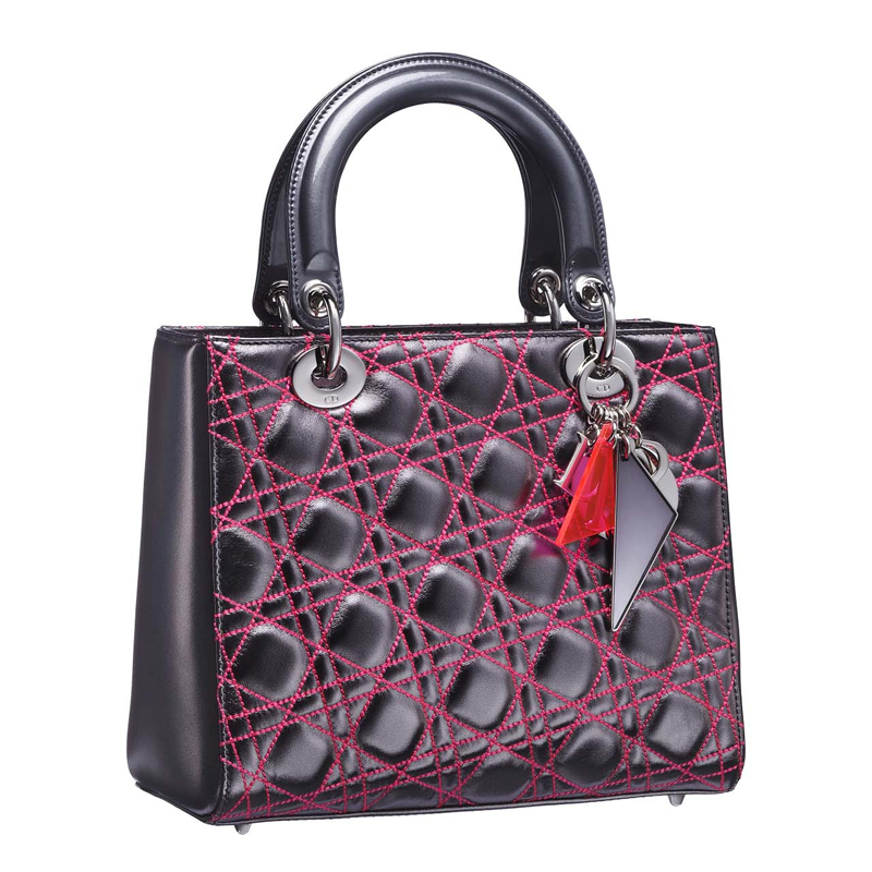 Metallic grey leather 'Lady Dior' bag with pink 'Cannage' stitching