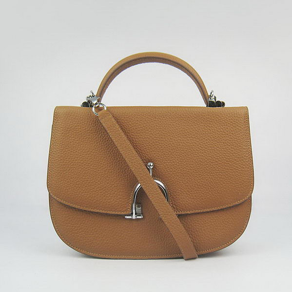 Hermes Stirrup Shoulder Bag Camel Calfskin Silver