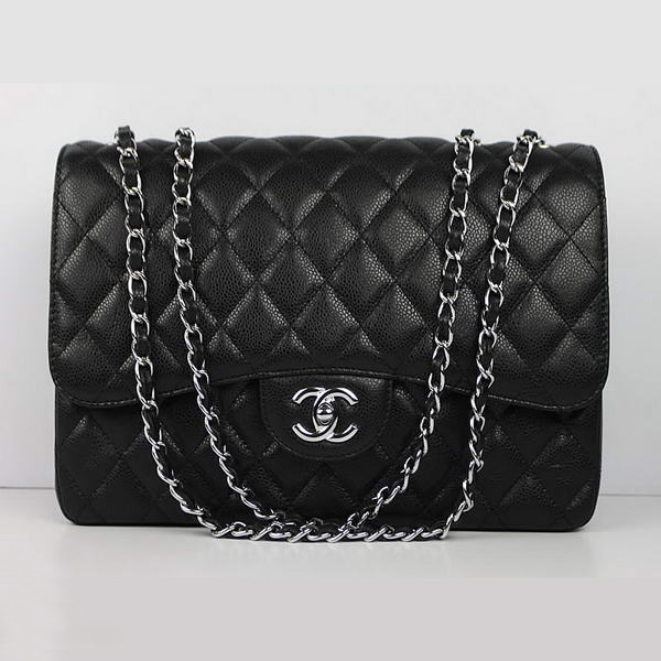 Chanel Caviar Leather Large Flap Bag A36070 Black Silver