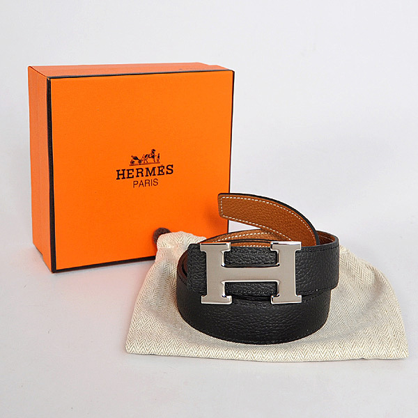 Hermes belt leather in Black/Camel with H Silver Buckle