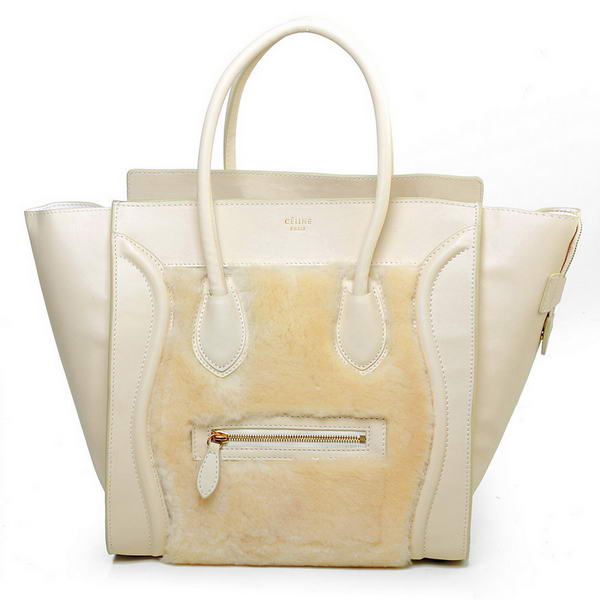 Celine Luggage Mini Boston Bag Lambswool Original Leather Offwhite