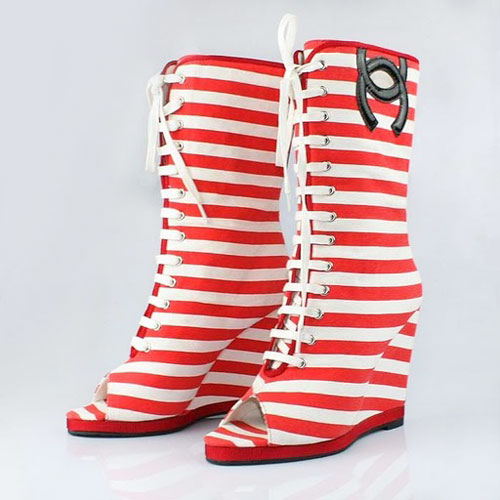 Chanel open toe stripe slipsole boots red