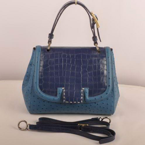 Fendi Silvana Croco-Ostrich Leather Flap Bag 2548 Blue