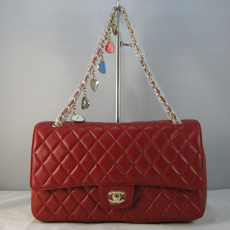 Chanel Red lambskin leather Flap Bag with Gold chain