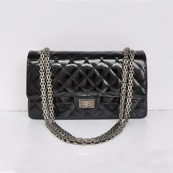 Chanel 1122 Classic Black Lizardskin Flap Bag Silver Hardware