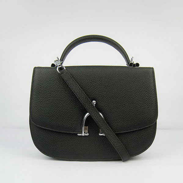 Hermes Stirrup Shoulder Bag Black Calfskin Silver