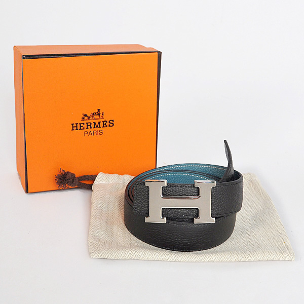 Hermes belt leather in Black/Medium Blue with H Silver Buckle