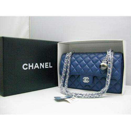 Chanel lambskin leather Blue Flap bag with Silver chain