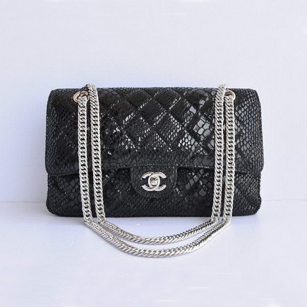 Chanel Black Snakeskin Leather Flap Bag Silver Hardware