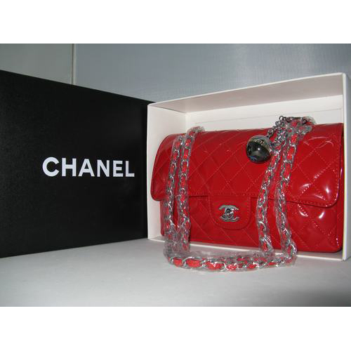 Chanel Patent leather Red Flap bag with Silver chain