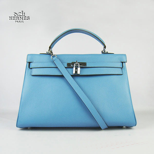 Hermes Kelly 35cm Togo Leather Bag Light Blue 6308 Silver Hardware