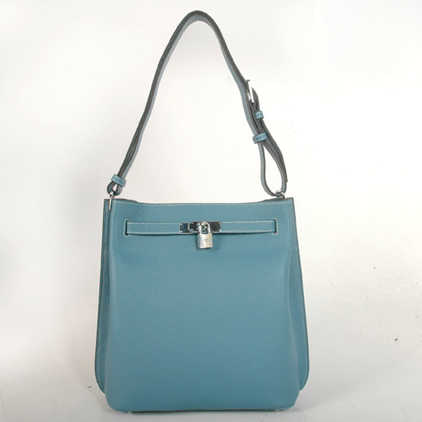 Hermes Sokelly Medium clemence leather in Medium Blue with Silver hardware