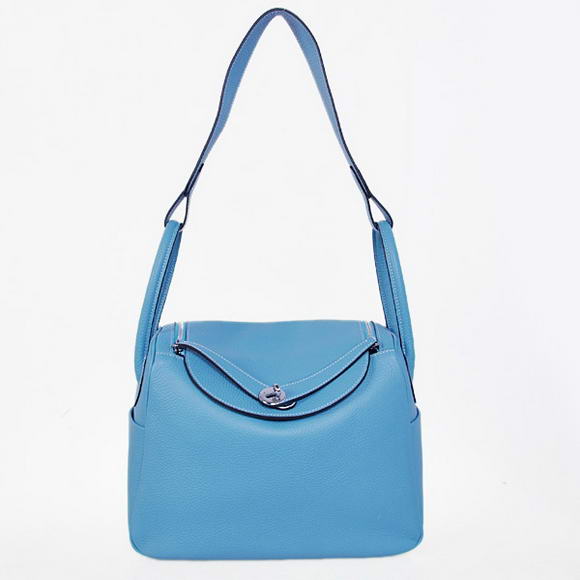 Hermes Lindy 30CM Havanne Handbags 1057 Light Blue Leather Silver Hardware