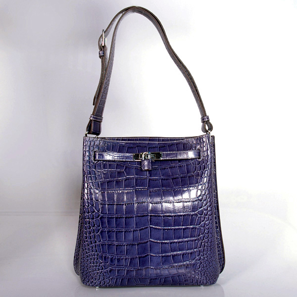 Hermes Sokelly Medium Crocodile stripes leather in Medium Blue with Silver hardware