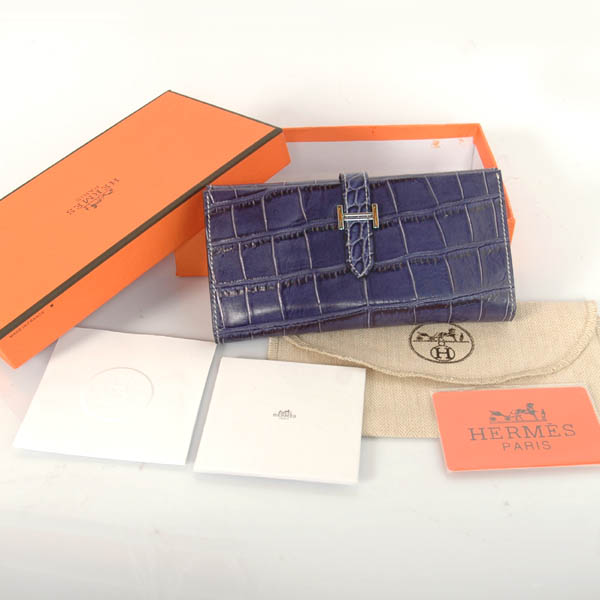 Hermes 3 fold wallet Crocodile stripes leather in Blue