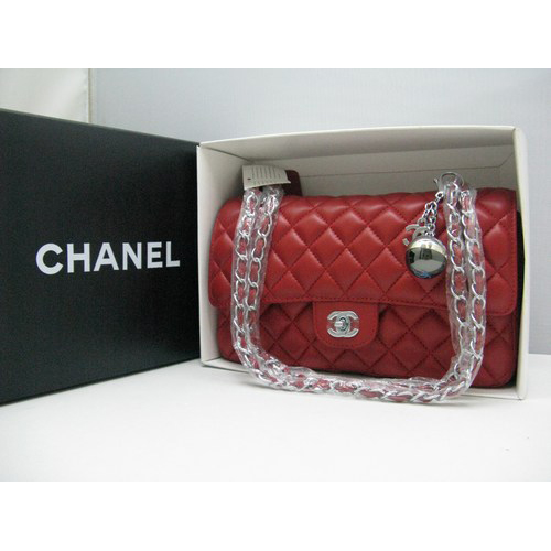 Chanel lambskin leather Red Flap bag with Silver chain