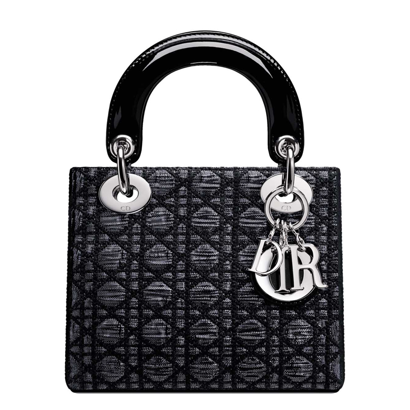 Silver jacquard Lady Dior bag, black stitching