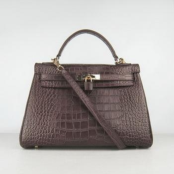 Hermes 32CM Dark Coffee Crocodile Stripe(gold)