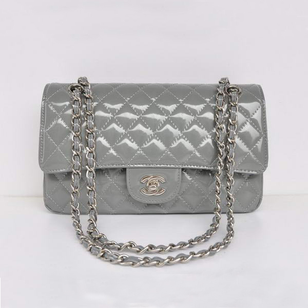 Chanel Grey Patent Leather Flap Bag Silver Hardware