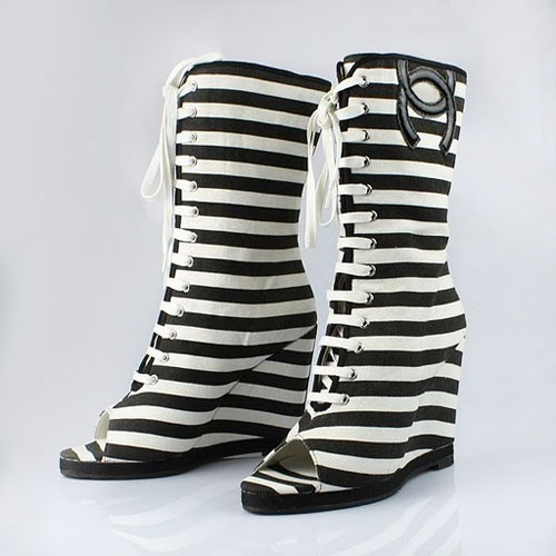 Chanel open toe stripe slipsole boots black