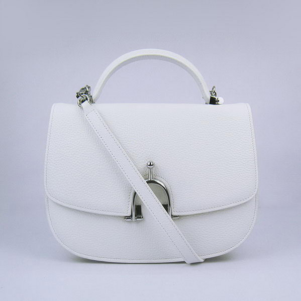 Hermes Stirrup Shoulder Bag White Calfskin Silver