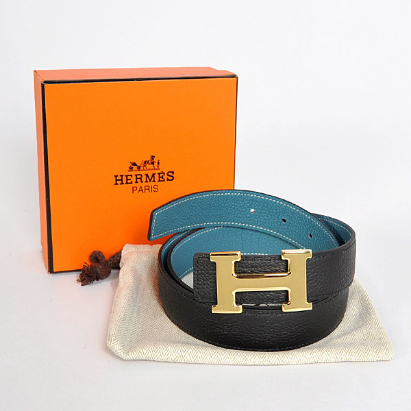 Hermes belt leather in Black/Medium Blue with H Gold Buckle