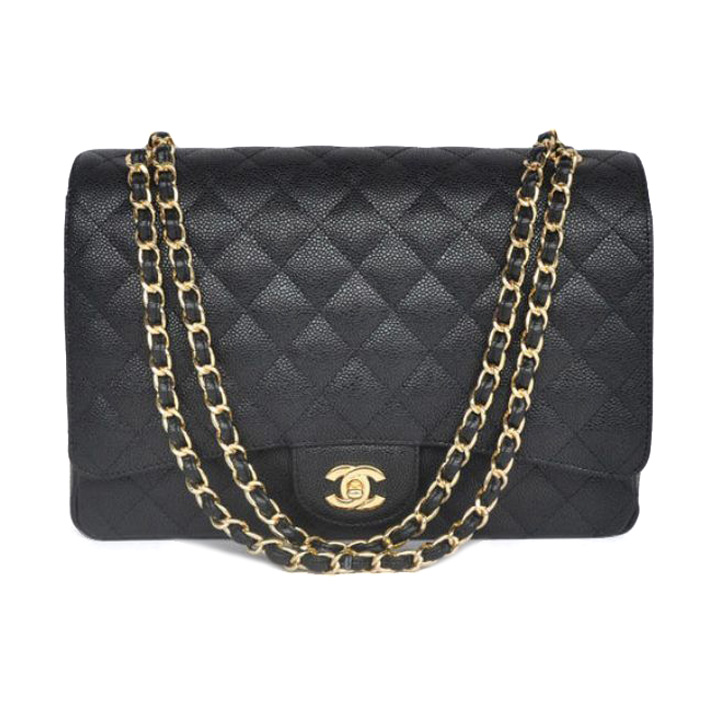 2013 Chanel Caviar leather Flap handbags 58601 Gold chain Black