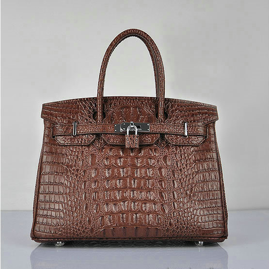 Hermes Birkin 30CM Tote Bag Croco Brown Leather H6088 Silver