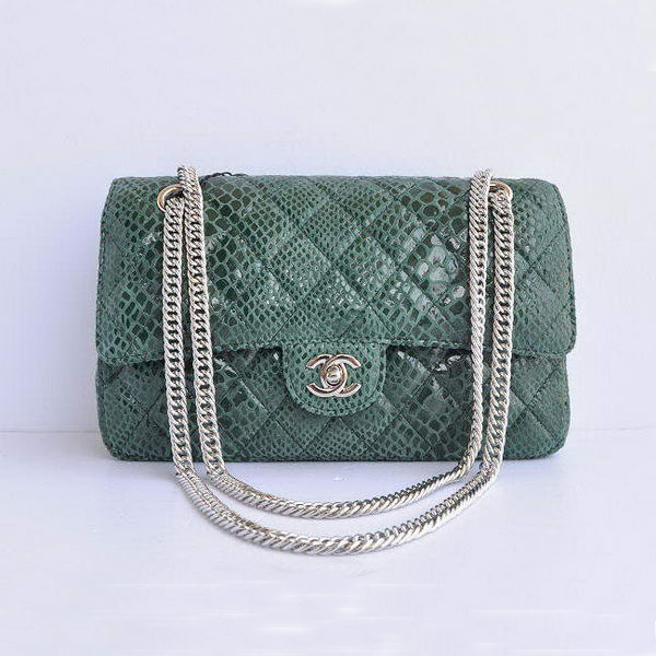 Chanel Green Snakeskin Leather Flap Bag Silver Hardware