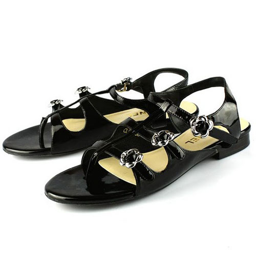 Chanel Black Patent Leather Flat Sandal