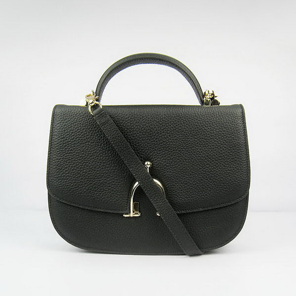 Hermes Stirrup Shoulder Bag Black Calfskin Gold