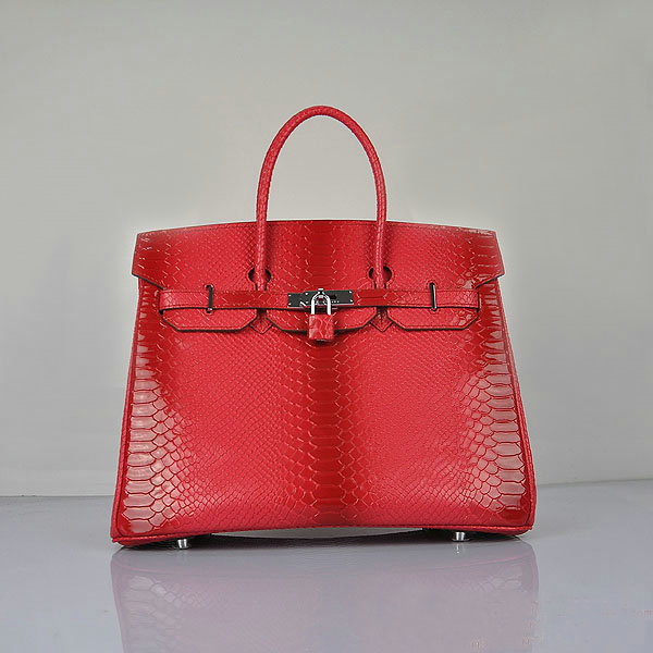 Hermes Birkin 35CM Red Snake Leather Tote Bag Silver