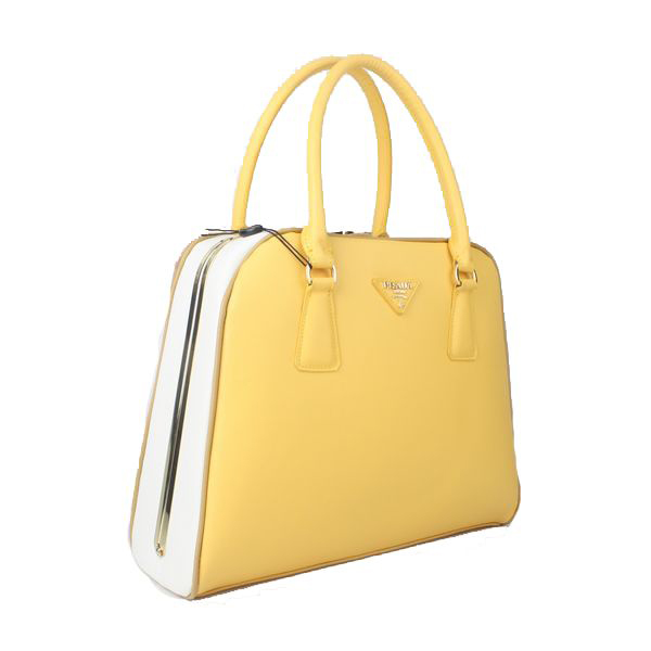 Prada Saffiano Leather Medium Tote Bag BL5018 Yellow&White