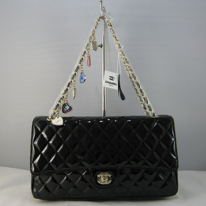 Chanel Black Patent leather Flap Bag with Gold chain