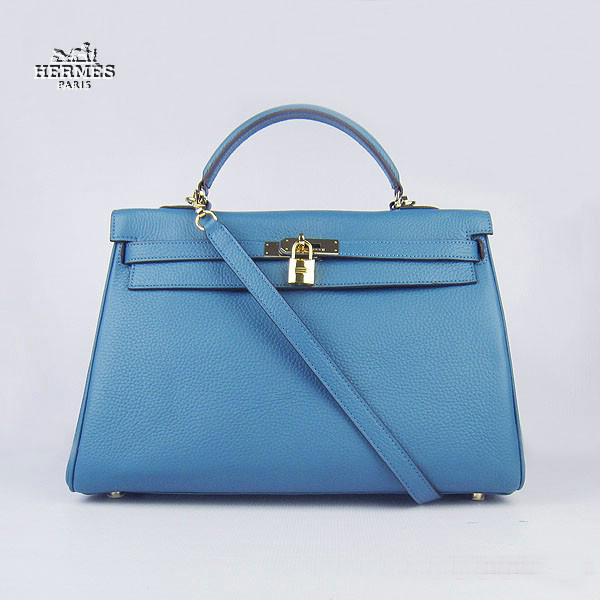 Hermes Kelly 35cm Togo Leather Bag Blue 6308 Gold Hardware