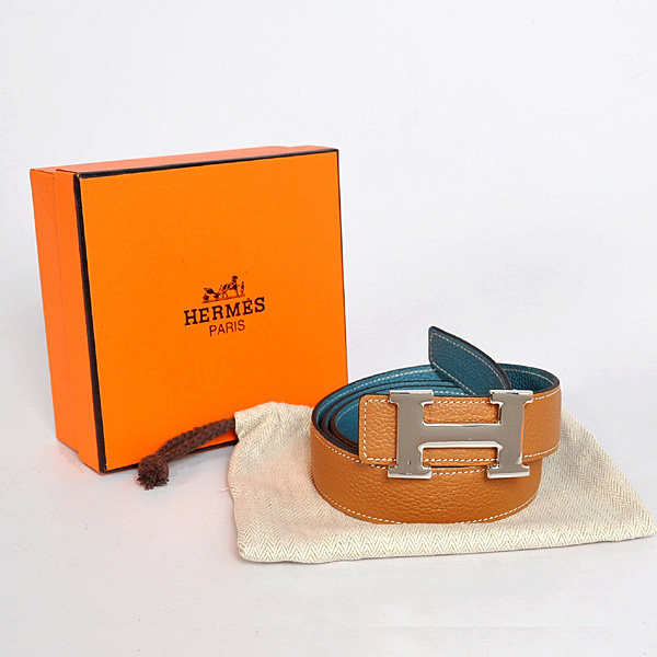 Hermes belt leather in Camel/Medium Blue with H Silver Buckle