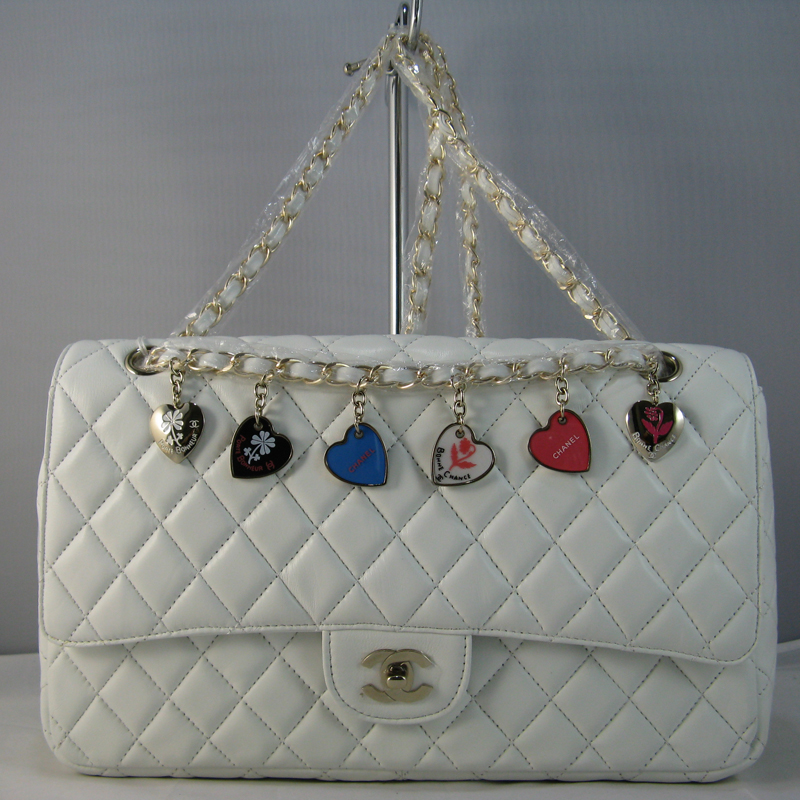 Chanel White lambskin leather Flap Bag with Gold chain