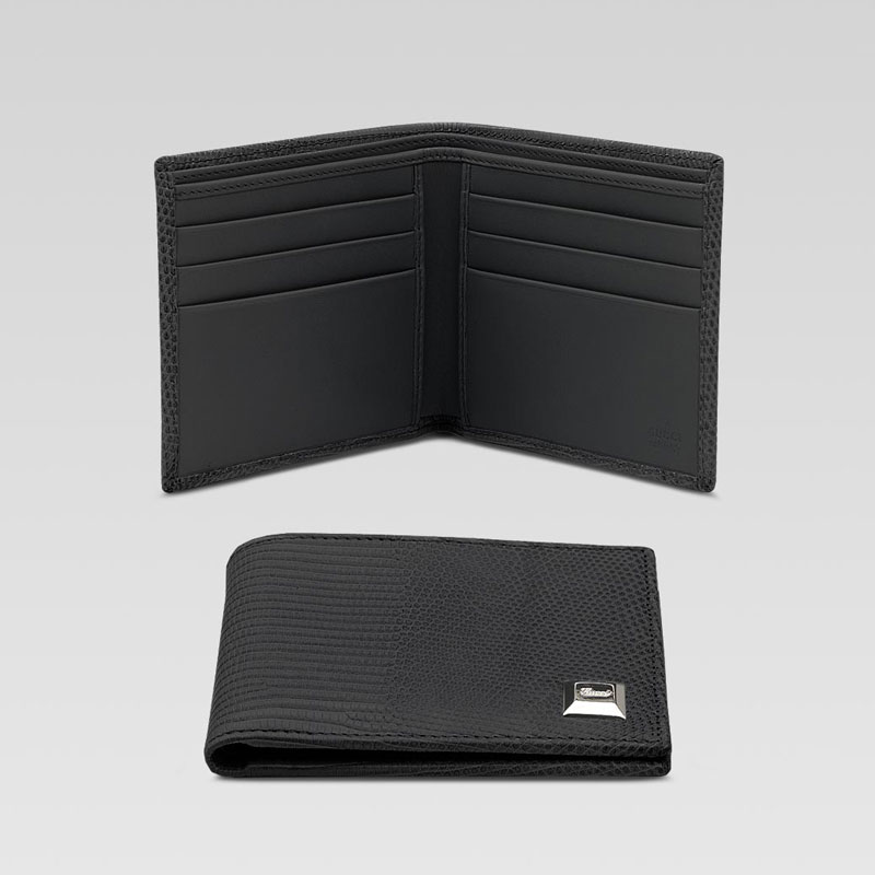 bi-fold wallet with engraved gucci script nail det