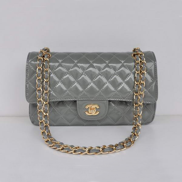 Chanel Grey Patent Leather Flap Bag Gold Hardware