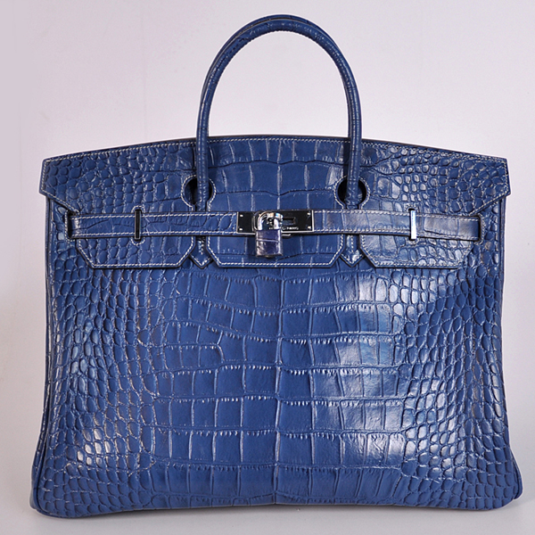 Hermes Birkin 40CM Crocodile stripes leather in Blue with Silver hardware