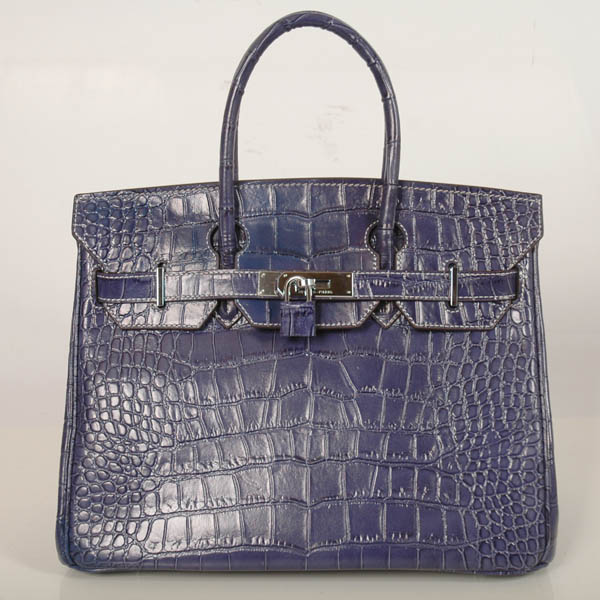 Hermes Birkin 30CM Crocodile stripes leather in Blue with Silver hardware