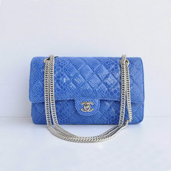 Chanel Blue Snakeskin Leather Flap Bag Silver Hardware