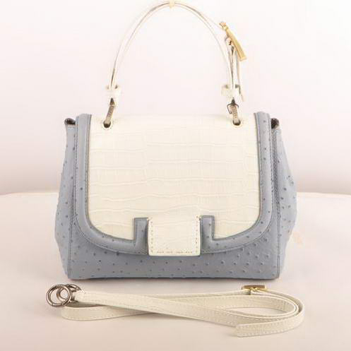 Fendi Silvana Croco-Ostrich Leather Flap Bag 2548 White-Blue