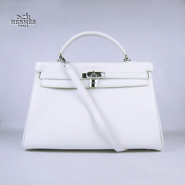 Hermes Kelly 35cm Togo Leather Bag White 6308 Silver Hardware