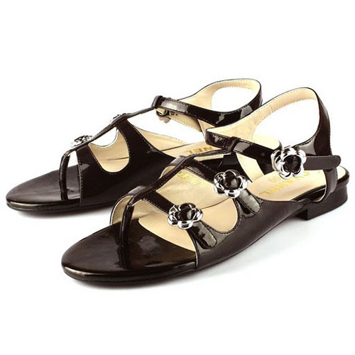 Chanel Coffee Patent Leather Flat Sandal