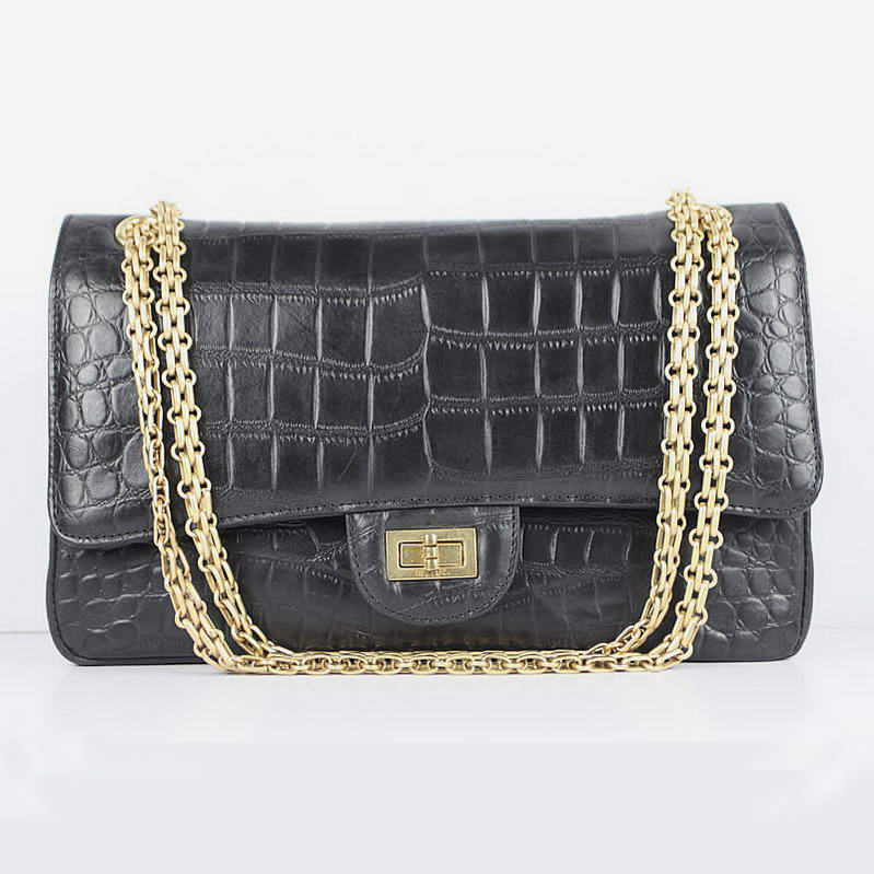 Chanel Classic Flap Bag A37587 Croco Veins Original Leather Black Golden