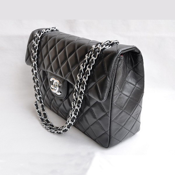 Chanel Maxi Black Lambskin Leather with Silver Hardware Flap Bags 46558